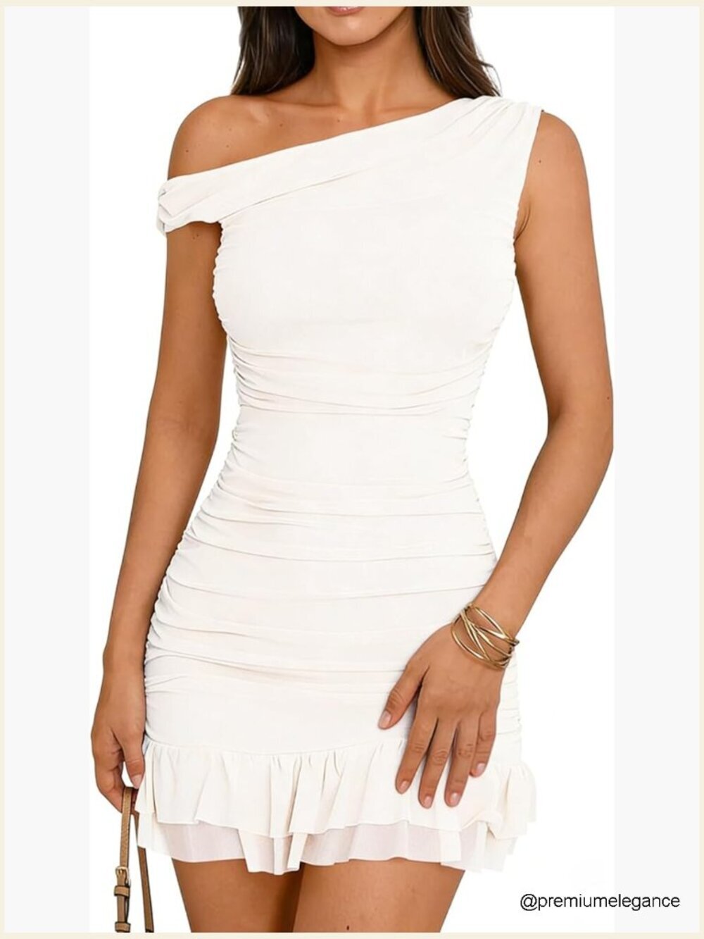 One Shoulder Ruched Bodycon Mini Dress Ruffle Hem Night Out Cocktail - Picture 1 of 7
